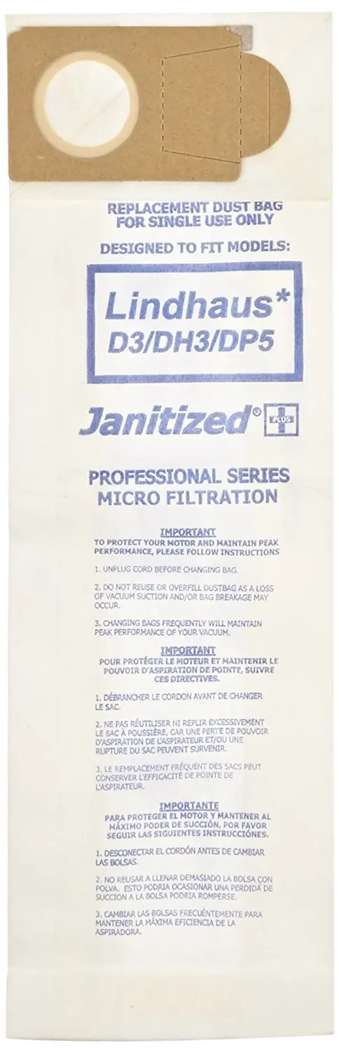 Janitized JAN-LD3-2(10) Premium Replacement Commercial Vacuum Paper Bag For Lindhaus D3/DP3/DP5 Evolution/DH3/DP5 Hepa & Valzer HEPA Vacuum Cleaners (10 - 10 packs)
