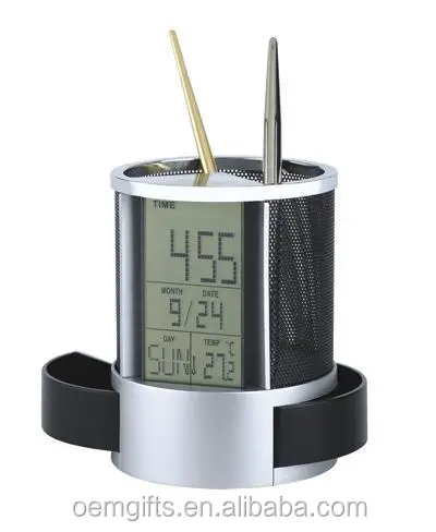 Hot Selling Cylindrical LCD Display Calender, Wire Mesh Pen Holder Pencil Holder With Clock