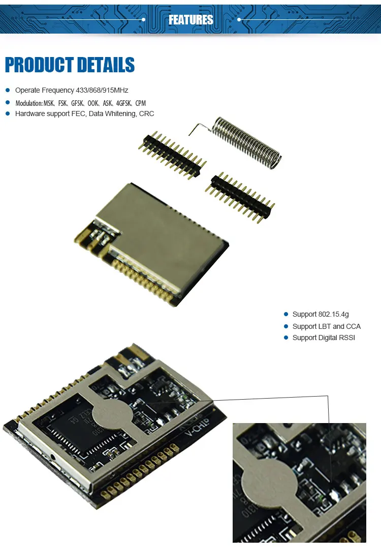 23dbm 5kM Long Range 433mhz 868mhz 915mhz FSK Radio RF MINI SOC Wireless Transceiver module