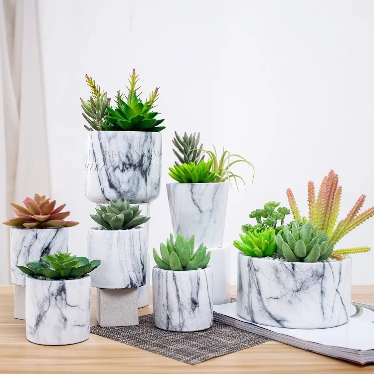 Decorative Fake Marble Potted Artificial Succulent Plant In Cement
