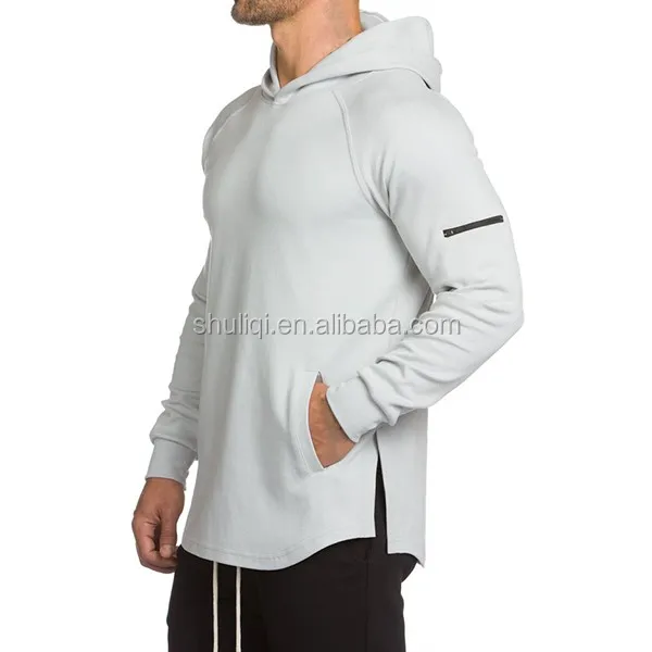 Gym Fitted Longline Hoodie Mens Curved Hem Long Tops Muscle