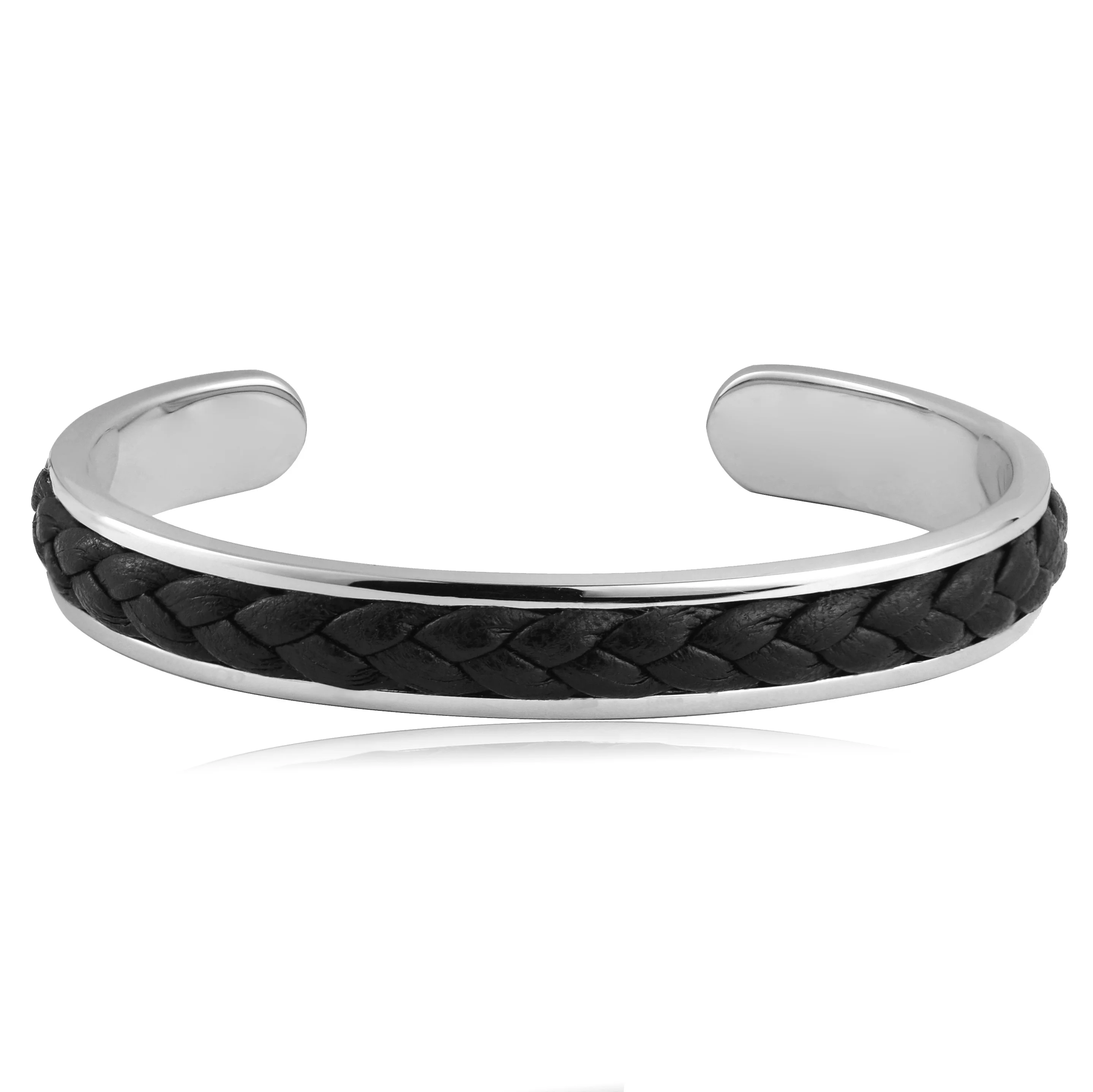 Black Leather Rope Bangle Stainless Steel Cuff Bangle Bracelet Men
