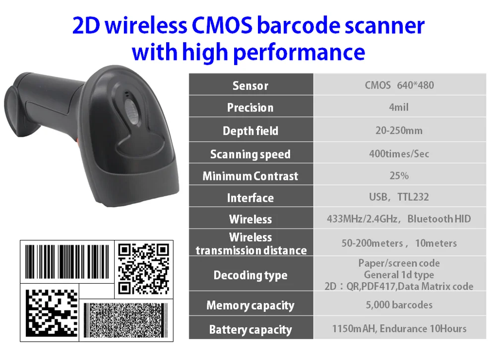 2d Cordless Handheld Barcode Scanner 433mhz Qr/pdf417/dm Code With Storage Buy Handheld