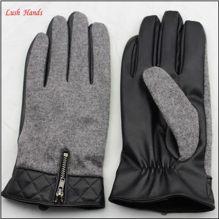 2016 men 's fashion woolen connect PU leather glove with zipper