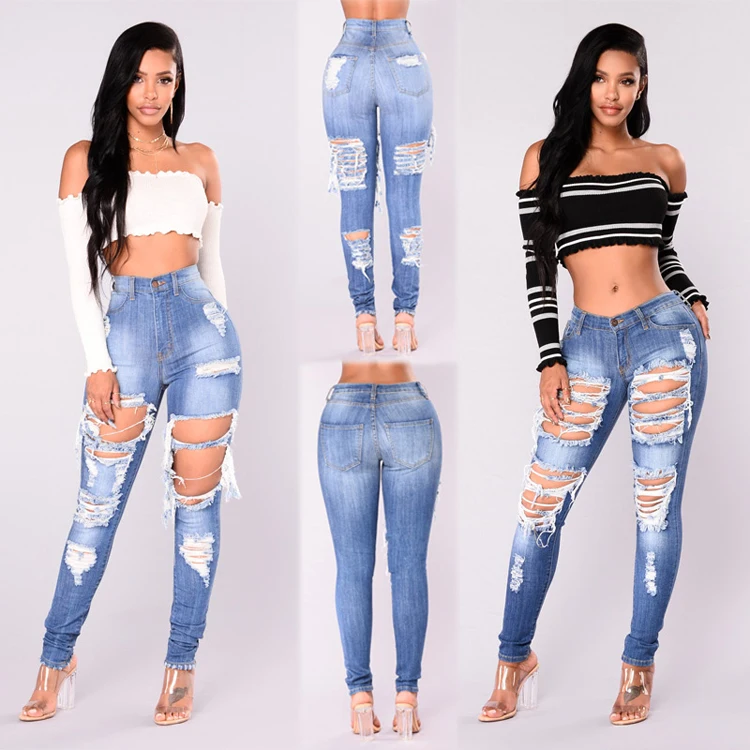 New Design Lady Girls Sex Ripped Blue Hole Mom Jeans High Waist Skinny 