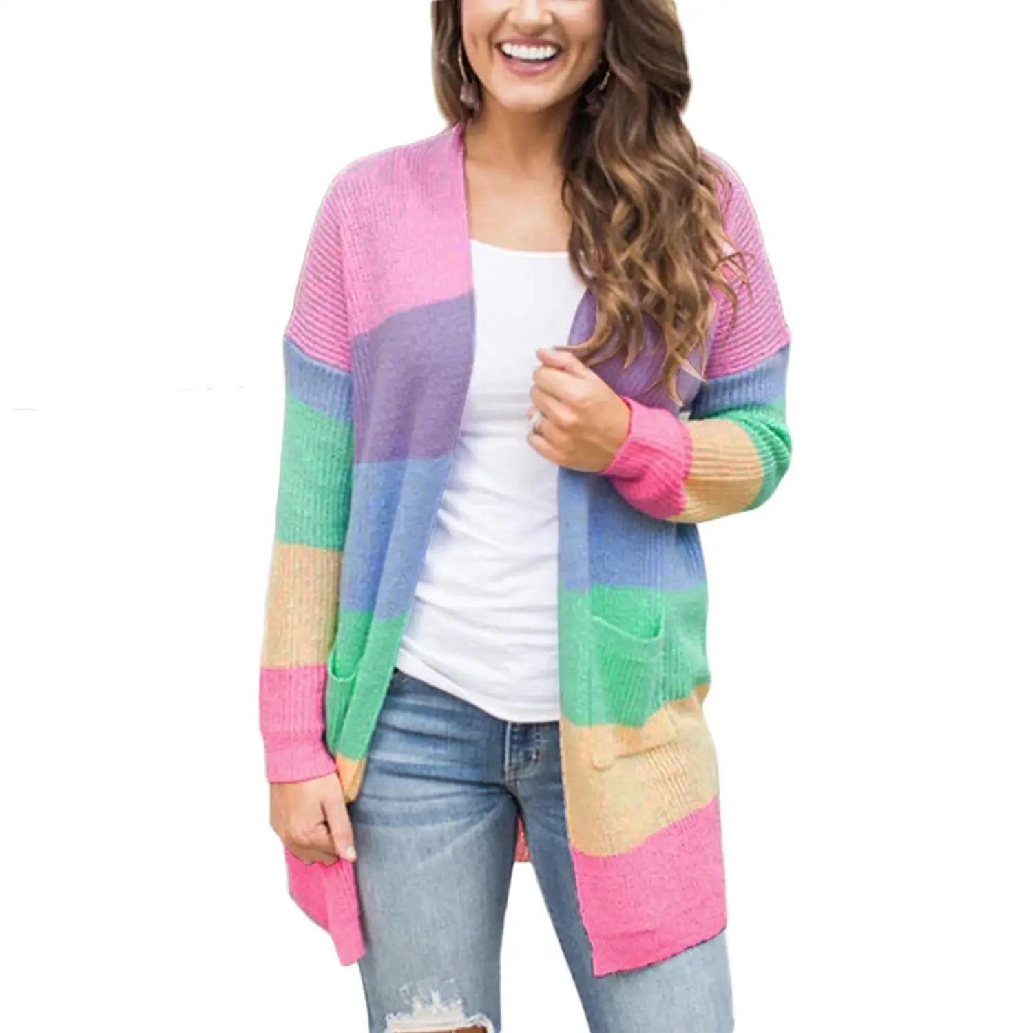 NEXLOMOS Womens Autumn Rainbow Color Stripe Long Sleeve Knitting Long Cardigan with Pocket Casual Sweater