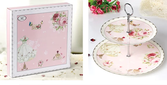 Wholesale Dishes Floral Design gold rim Ceramic Porcelain 2-tie cake stand dinnerware set disposable tableware manufacture