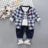 New hot selling baby boys clothes suit Fashion Casual grid coat + t shirt + Jeans 3pcs Children boy clothing set