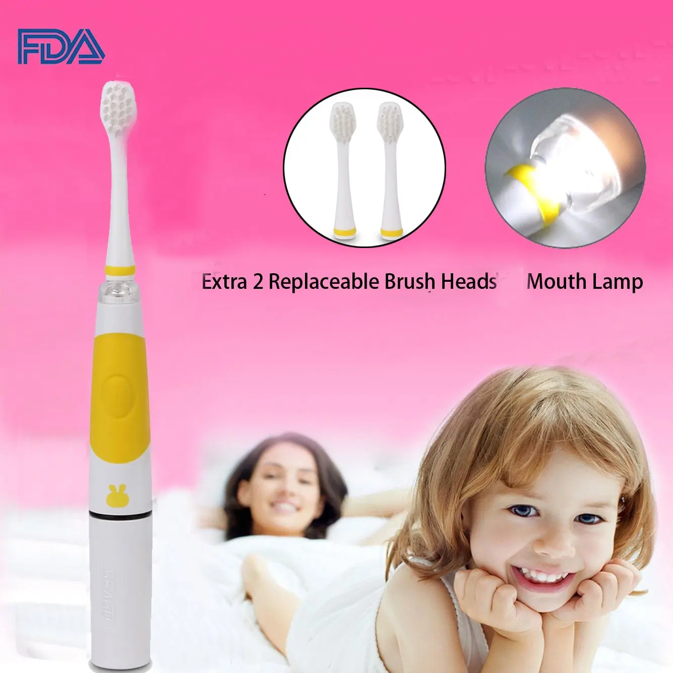 Children Sonic Electric Toothbrush LED Light Kids Sonic Toothbrush Smart Reminder Baby Toothbrush 618 Toddler Toothbrush with Extra 2 Replaceable Brush Heads for 2-10 Kid (Yellow)