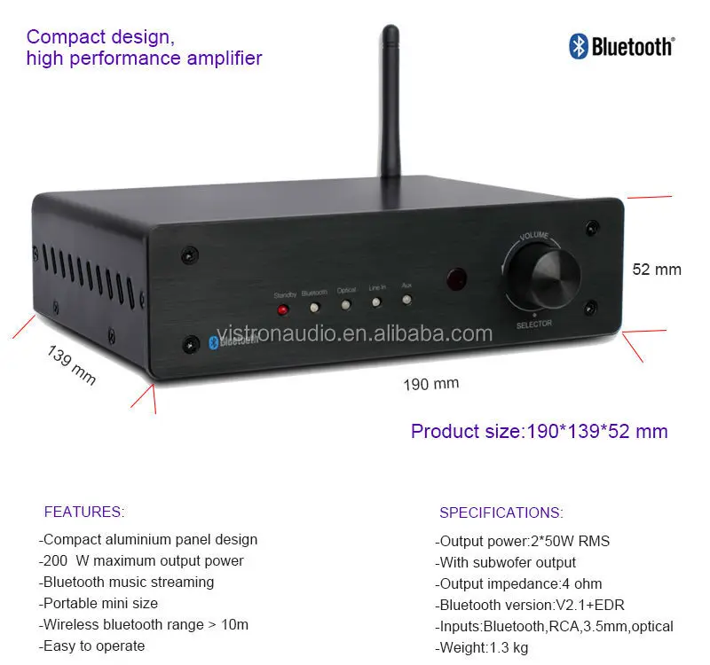 2.1 Channel Stereo Amplifier with 50W RMS and 200W Max Output HiFi Receiver for Home Audio