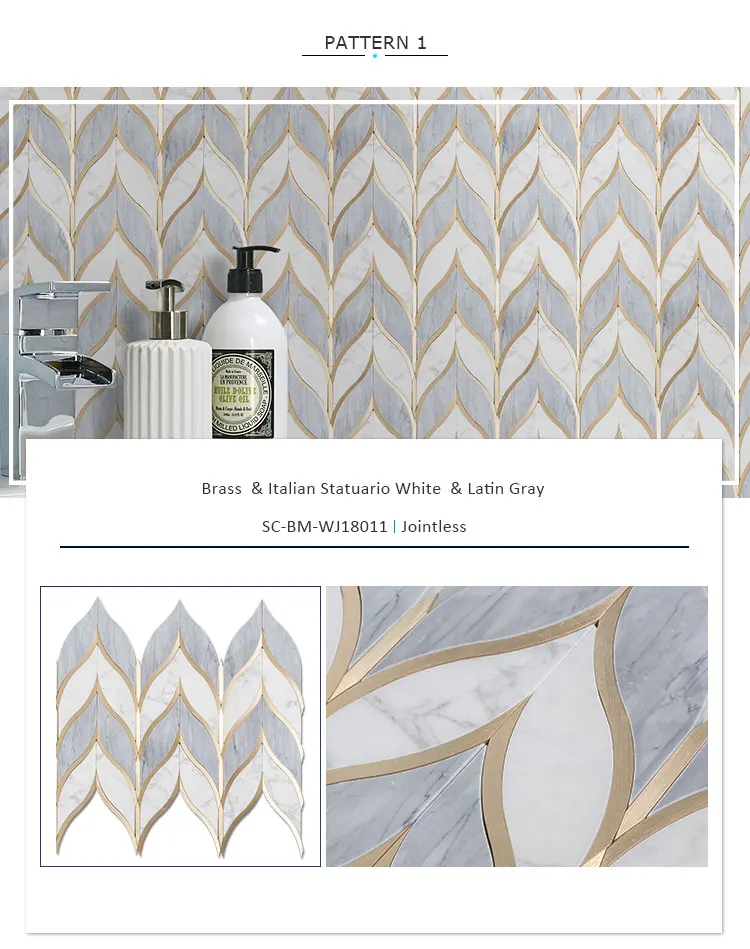 Leaf Shape Water jet Italy Statuario Mixed Grey Marble and Brass Mosaic Tile Waterjet Mosaic Tile