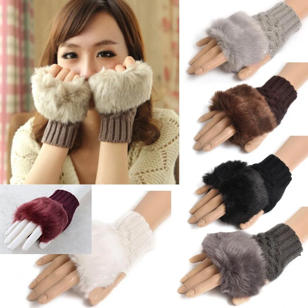 Winter Warm Faux Rabbit Fur Mittens Fashion Fingerless Glove Soft Winter Gloves Women Hand Gloves
