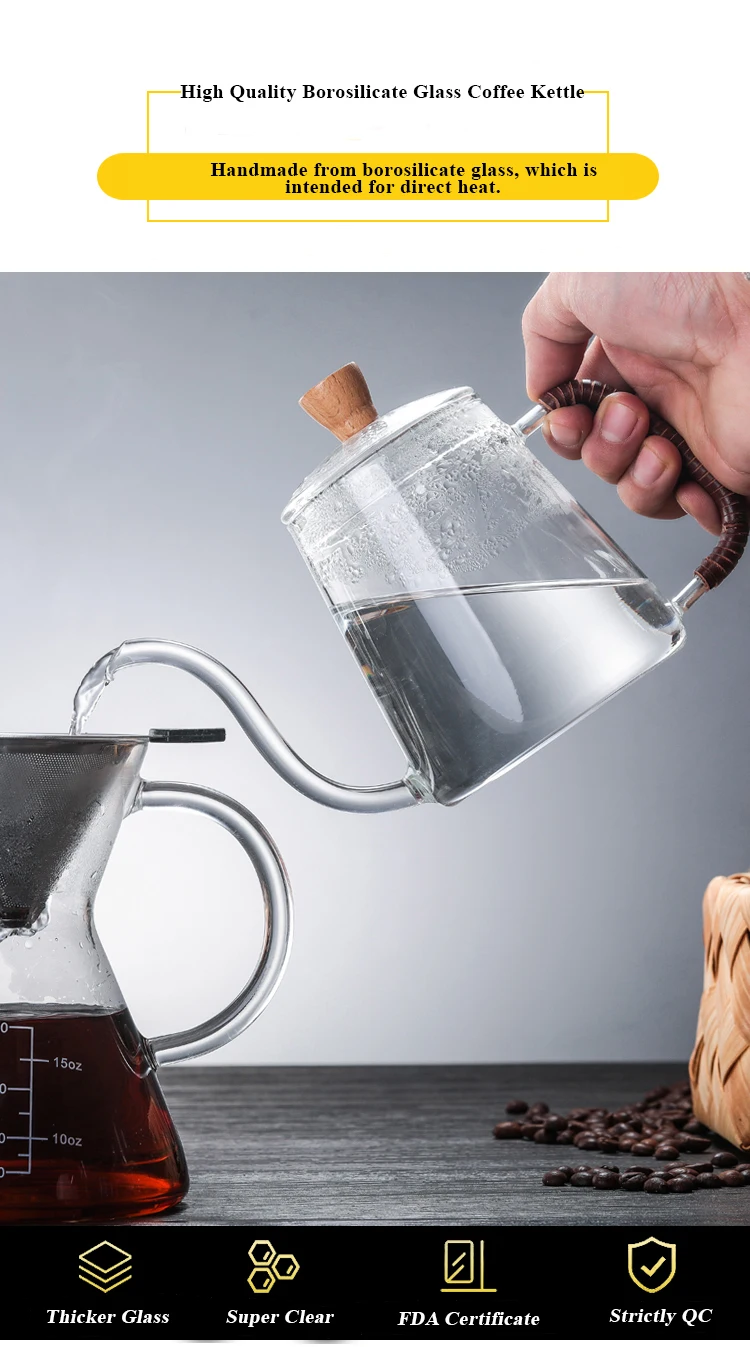 350ml 600ml Handmade Borosilicate Direct Heat Gooseneck Pour Over Glass Coffee Kettle For Brew Coffee