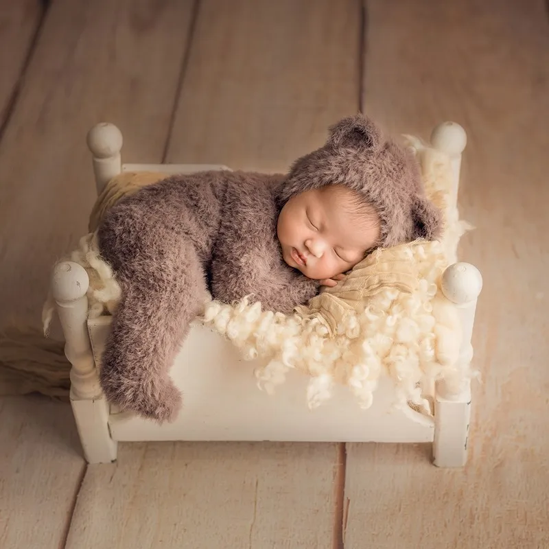 Newborn Knit Teddy Bear Hat Baby Fluffy Bonnet And Footed Romper Full
