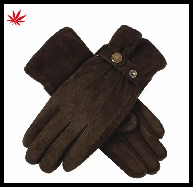 Black pig suede leather gloves women with acrylic knitted side