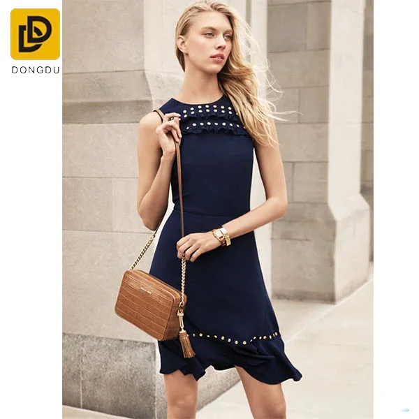 customized sleeveless studded dress fashion women navy ruffle