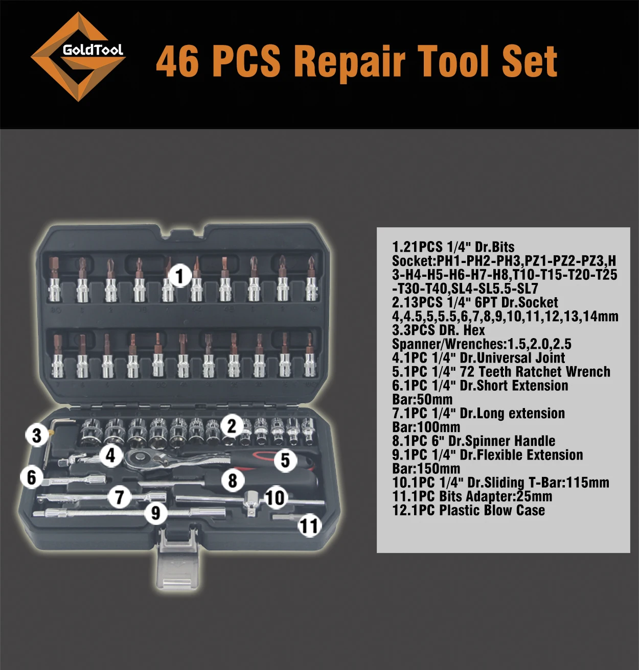 53pcs Goldtool Car Bicycle Chrome Vanadium Tool Set Chrome Vanadium 