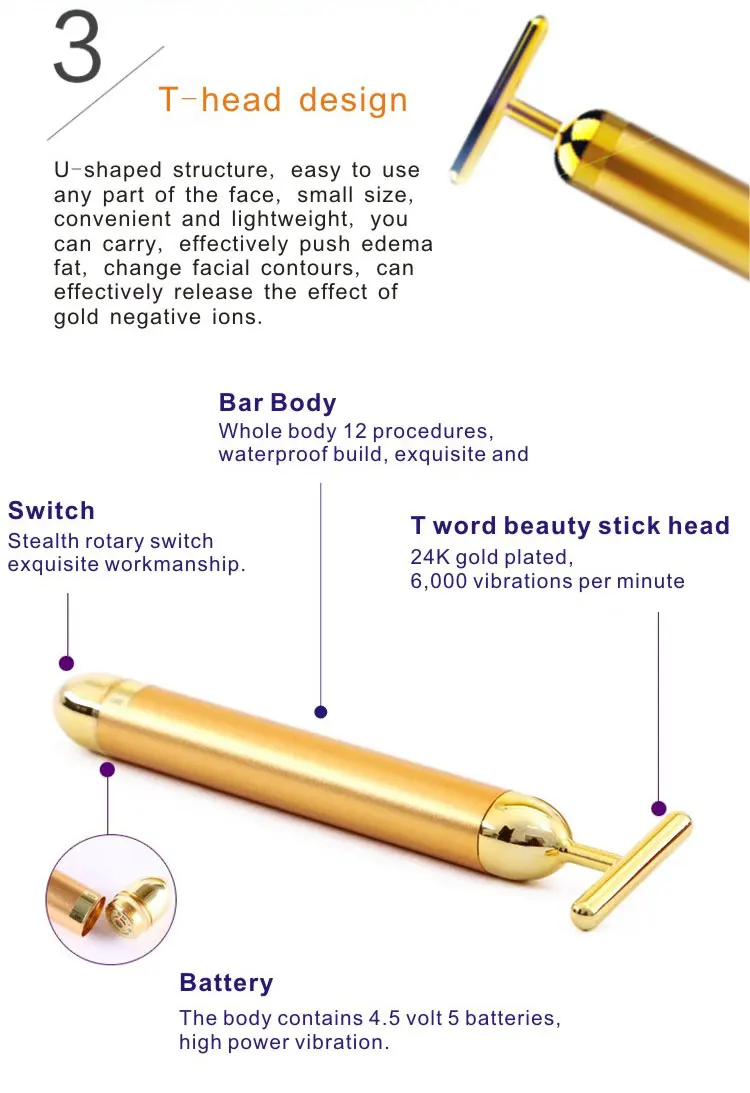 Home Use Ultrasonic Beauty Instrument Bar 24k Golden Pulse Skin Care