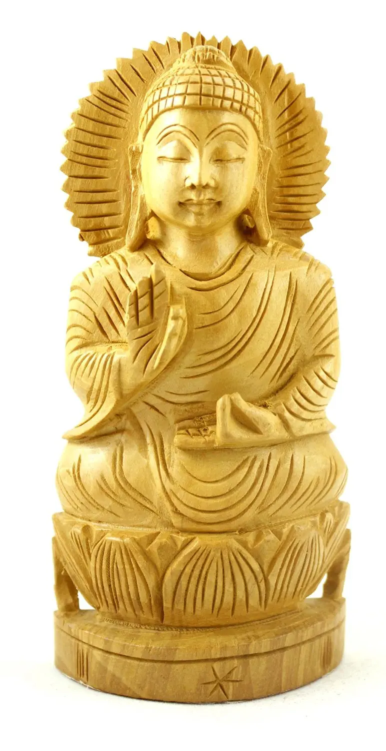 Krishna Mart India Hand Carved Lord Buddha Wooden Meditating Ethnic Wood Statue Size 6" By 2.8" Inches
