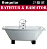 freestanding cast iron bath with oak wood block feet and flat rim