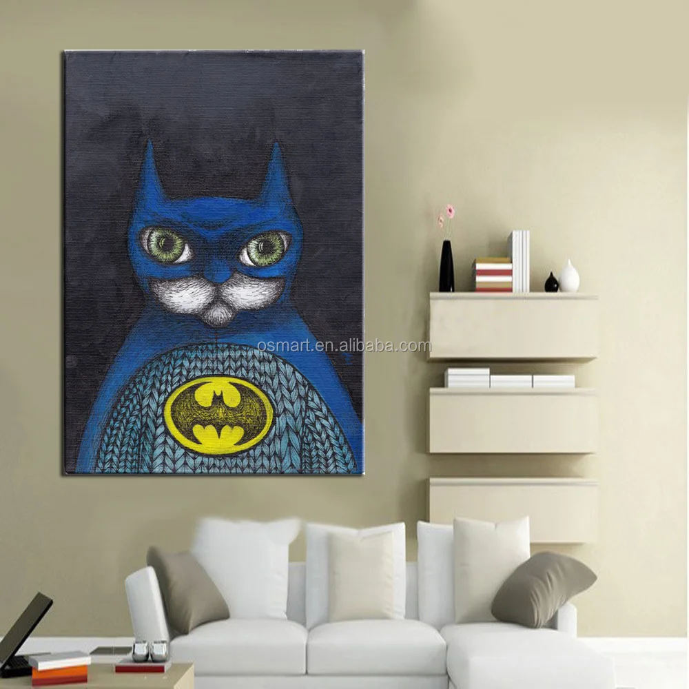 Lucu Hewan Keren Batman Super Hero Kartun Kucing Minyak Lukisan