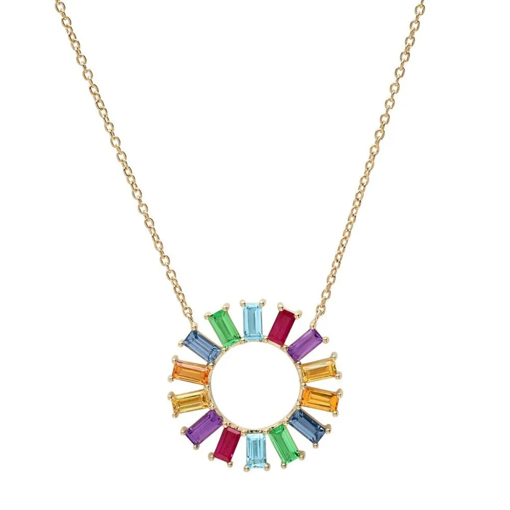 Fashion Cubic Zirconia Jewelry Custom Gold Flower Pendant Necklace Baguette Rainbow Statement