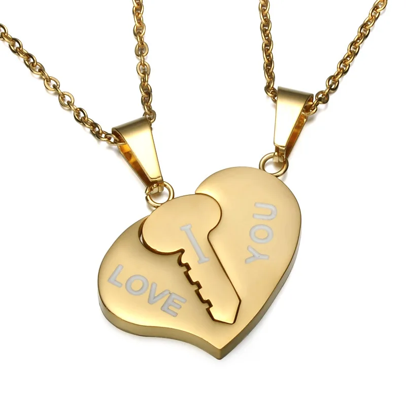 Engrave His & Hers Stainless Steel I Love You Heart Couple Pendant Necklaces 