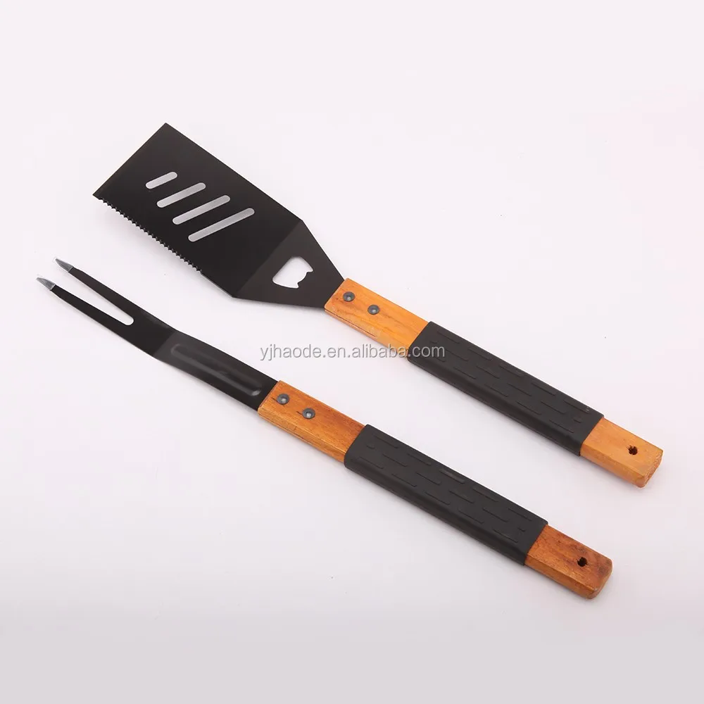 Wooden Handle Barbecue Fork Tong Spatula Set 3 Pieces Set Barbecue Tool