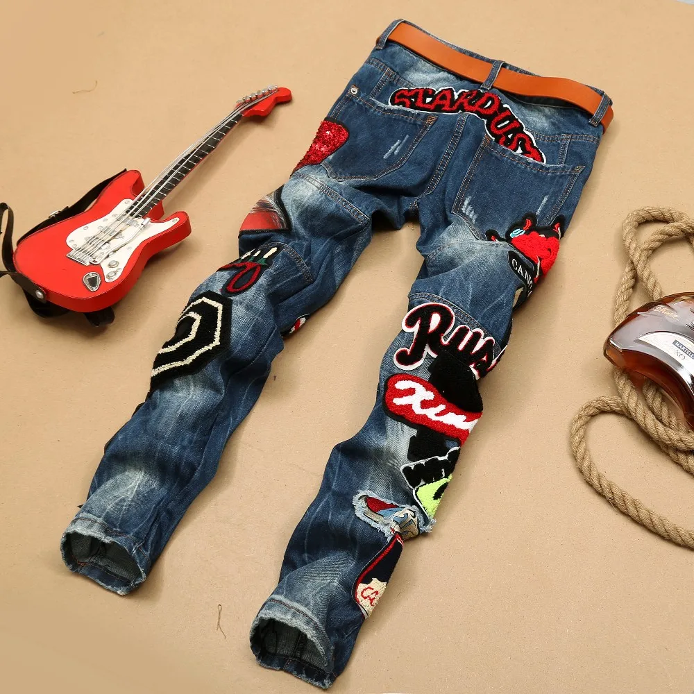 Latest Design Wholesales Stretch Tight Embroidery Men's Denim Jeans