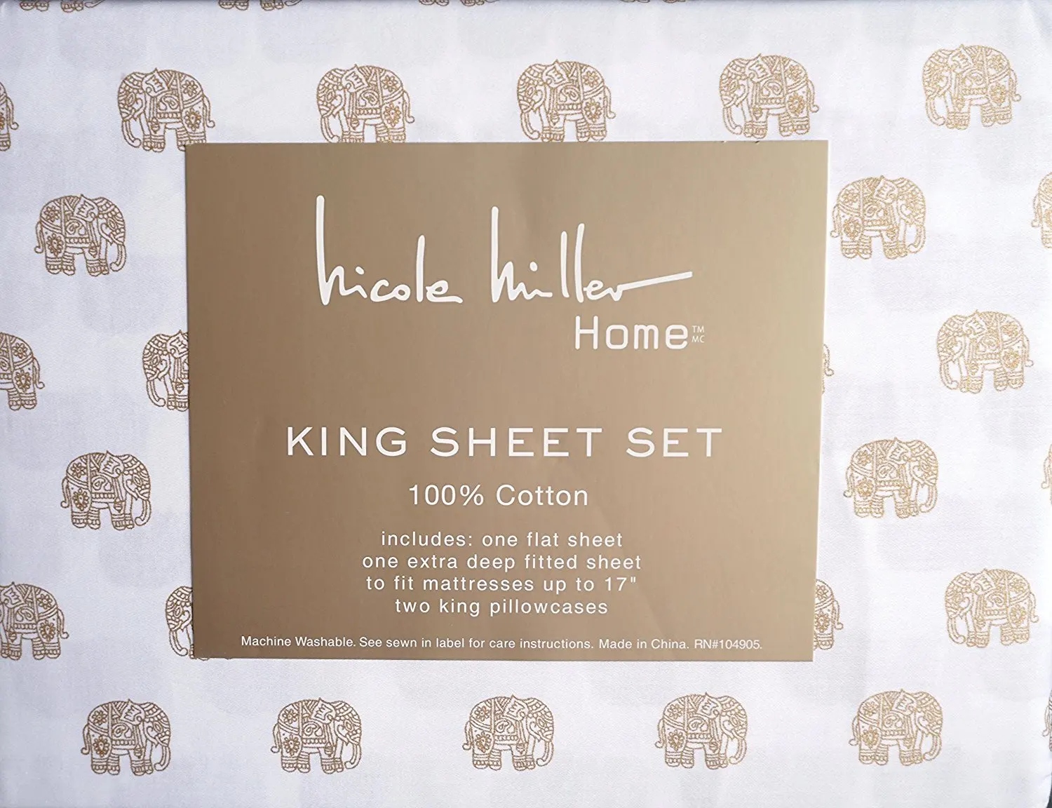 Nicole Miller Bedding 4 Piece Cotton King Sheet Set Gold Nicole Miller Bedding 4 Piece Cotton King Sheet Set Gold Decorated Elephants On White