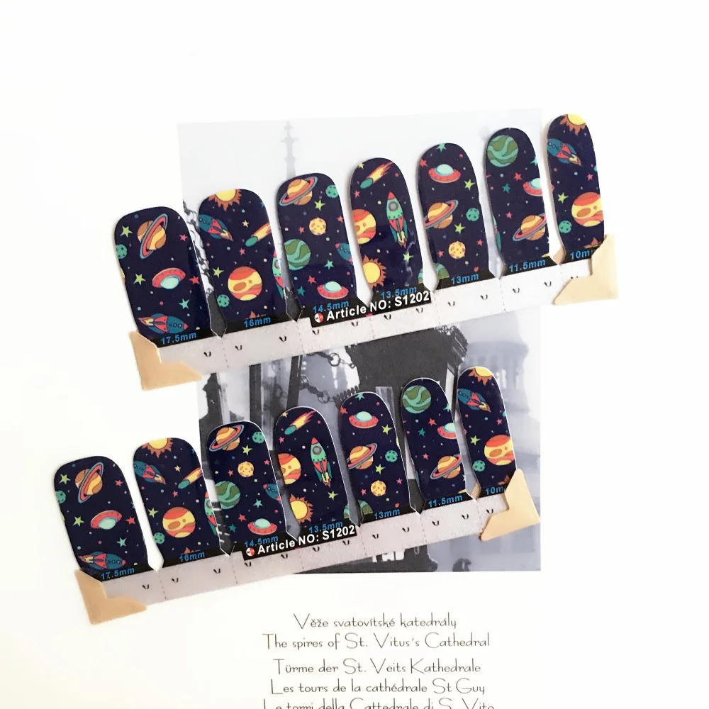 Cute Space Traveler Nail Arts Stickers 14 pcs set Full Tape Patch Waterproof Foils Decals Polish