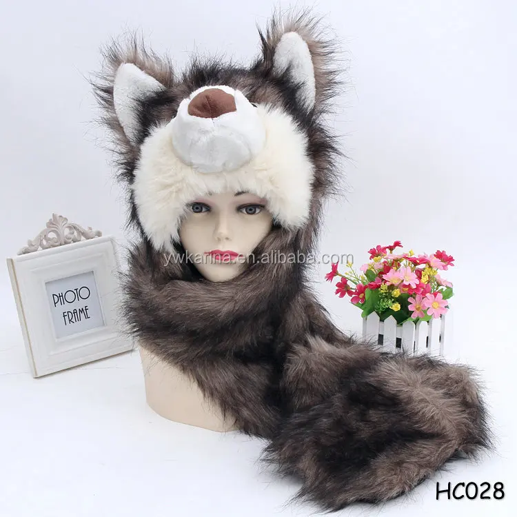 Crazy Black Cat Wolf Faux Fur Animal Hat Hood Winter Ski Snow Pet Plush Warn NEW 