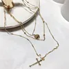 18k gold plain disc coin cross pendant necklace three multi layered necklace fashion gold choker layered chain necklace