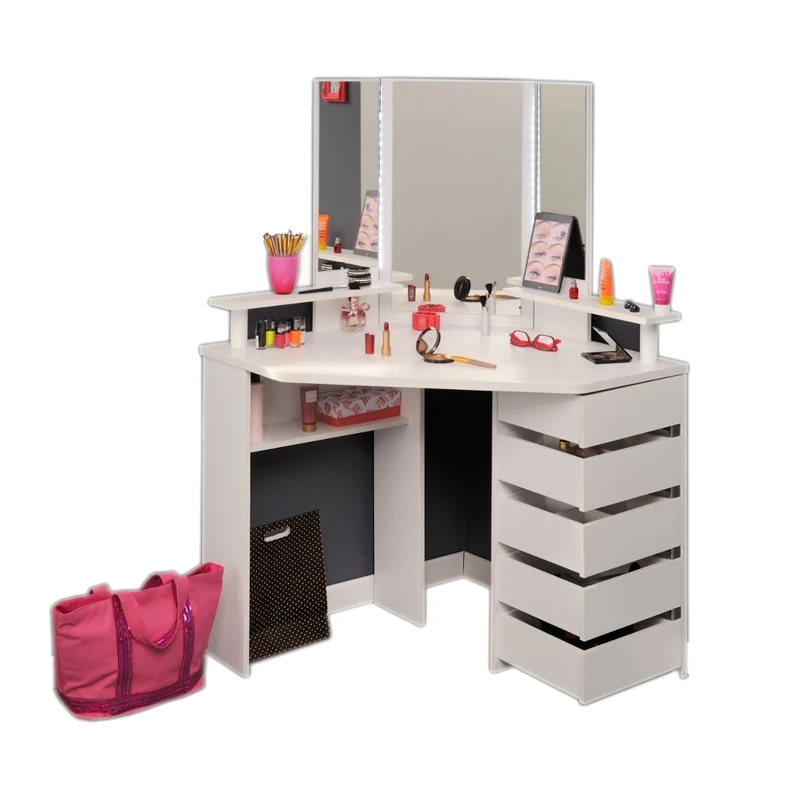 Corner Wooden Furniture Dressing Table With Lights And Mirror