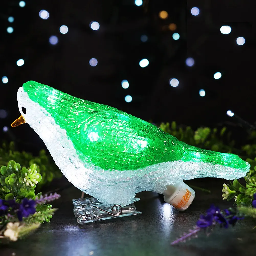 BRIGHT ZEAL 8.5" LED Battery Operated Christmas Tree Birds with Clips (Green & White Acrylic Bird) - Garden Statues and Yard Art - LED Light Sculpture Clip On Birds for Christmas Decoration Bird Decor