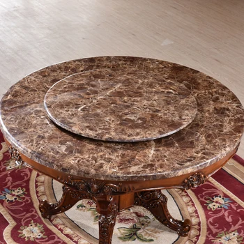 Exquisite Carving Wood Frame Round Marble Tops Dining Table With