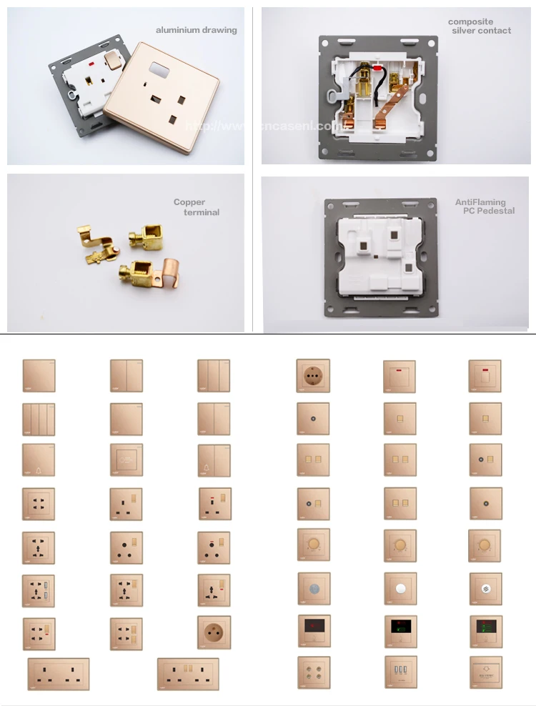 Socket 2 Gang - Golden - Classic - Grey Plastic Switch - 13A Double Wall Plug Socket