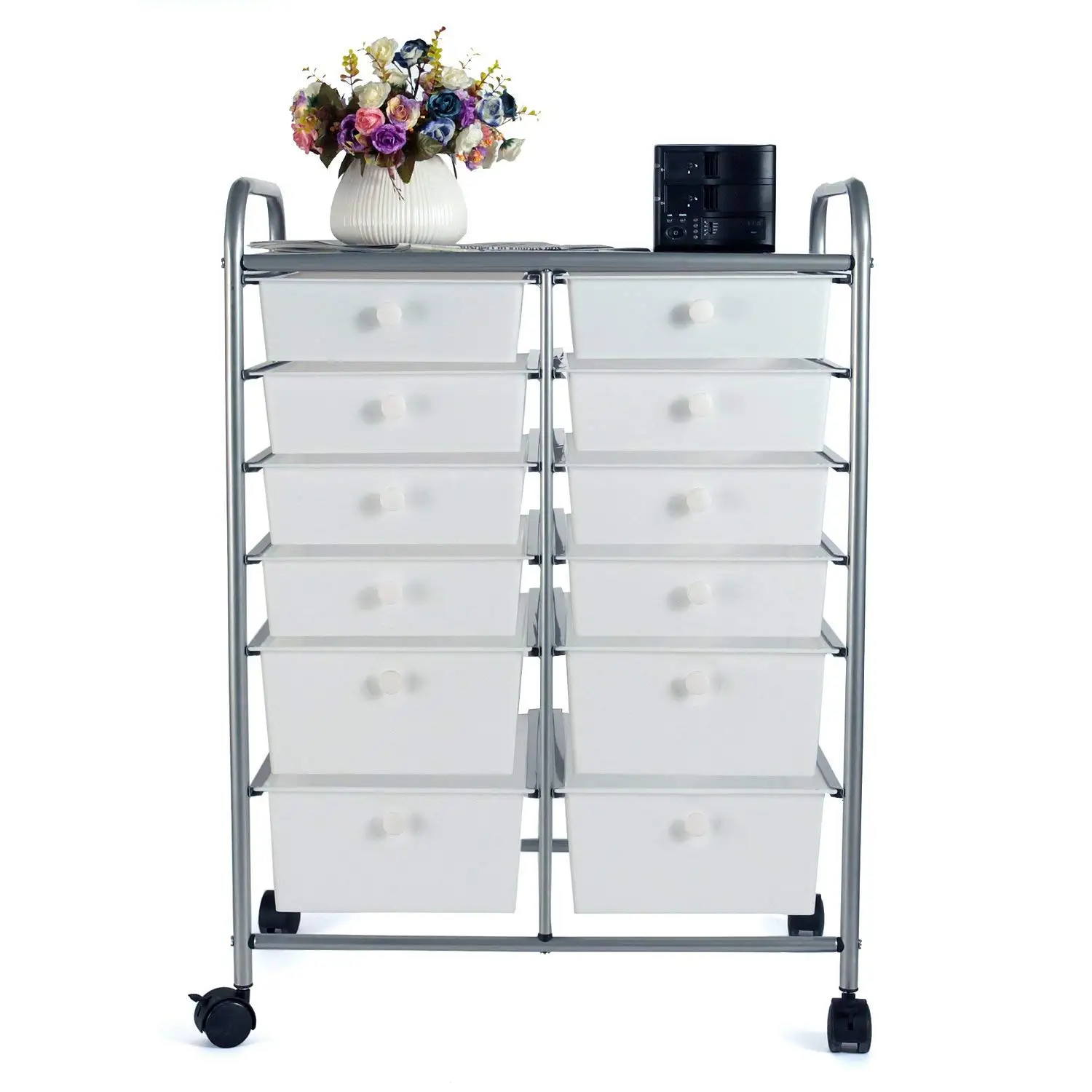 Zyoou 6-Layer Rolling Storage Cart with 12-Drawer Heavy Duty Chrome Steel Frame for Home Office Beauty Salon Storage White