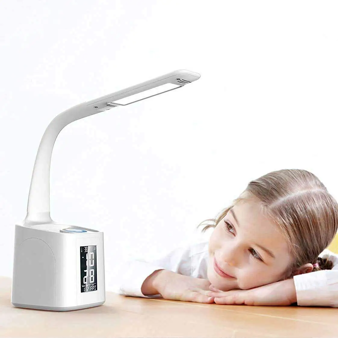 2020 LED Charging Table Lamp with Clock, Pen Holder, Thermometer, Calendar