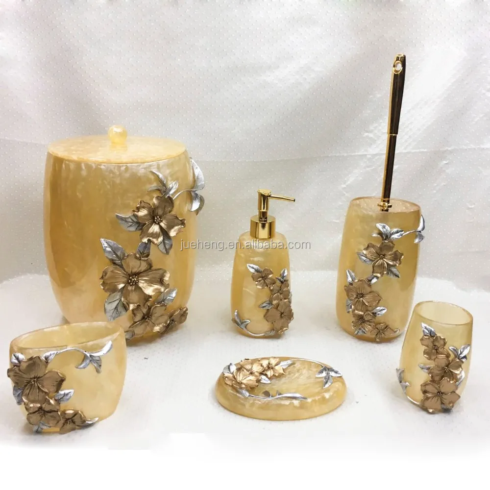 Transparent Resin Gold Flower Arabic Style Bathroom Accessory Set With