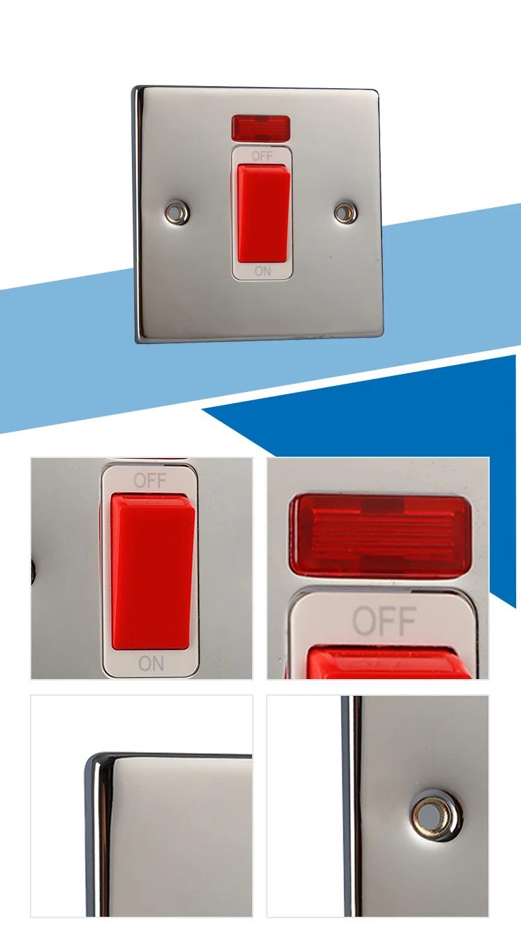 Hailar wall switch metal polished chrome 45A 1 gang double pole switch with neon light indicator