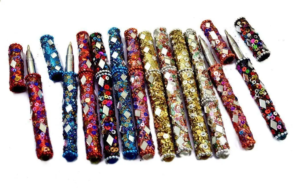 A Set Of 10 Pcs Rajasthani Table Decorative Useful Pens 5 Inches Multi Color with 2 refill free