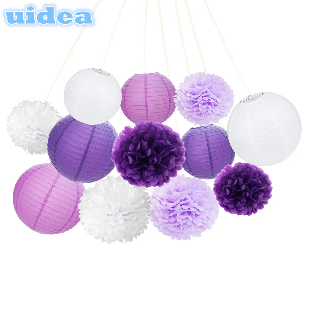 Pink Ivory Gold Color Paper Lantern Pompom Flower Set For