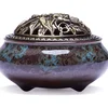 Blue Ceramic Stick Incense Burner and Cone Sandalwood Incense Censer Burner with Copper Cover