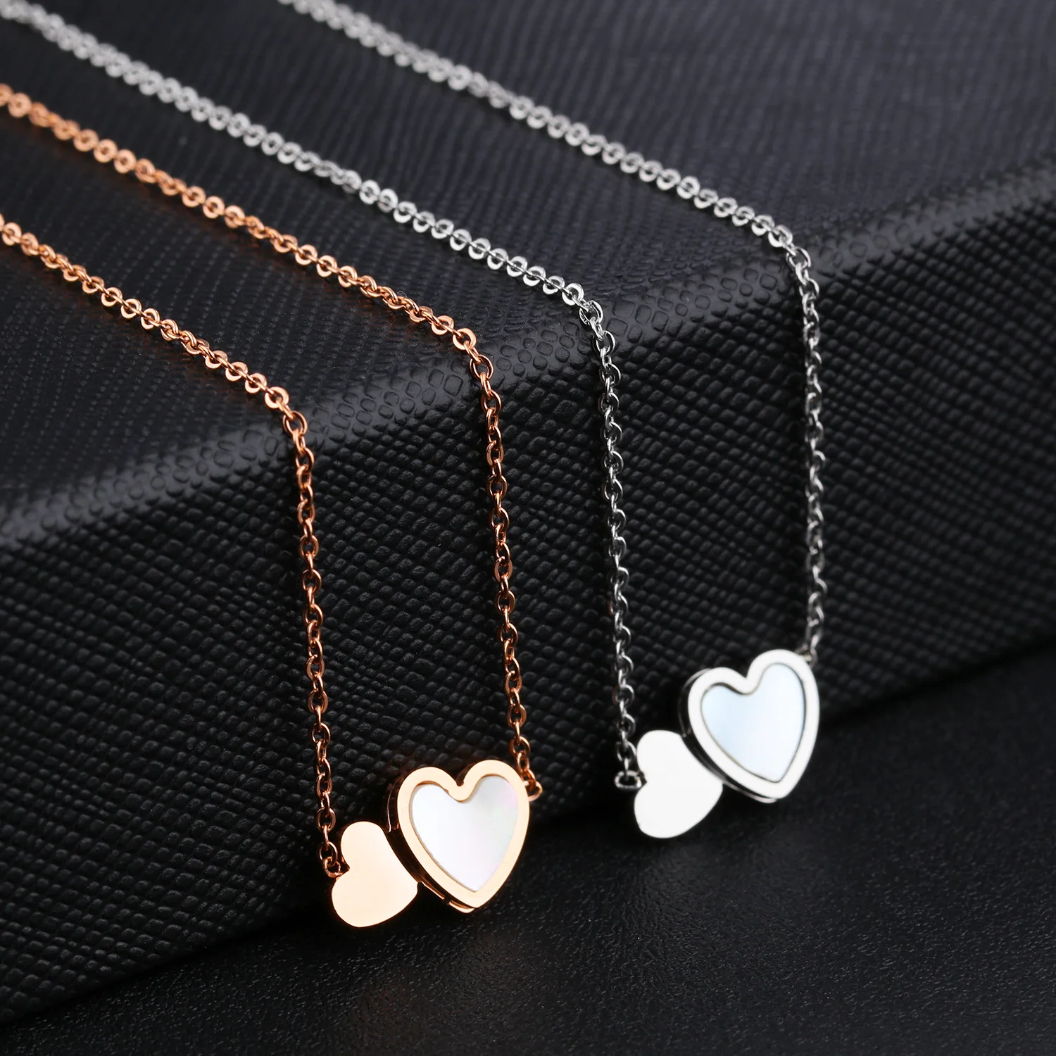 Stainless Steel Women Double Heart necklace with Chain Silver or Rose Gold Plated