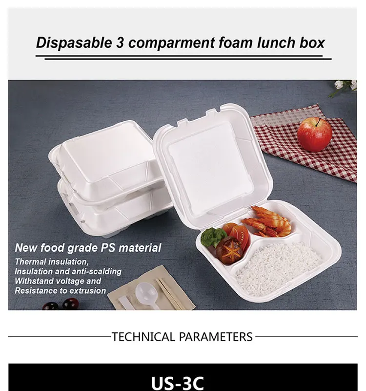 1700ml Disposable Foam Lunch Box Clamshell Food Packaging With 3 ...