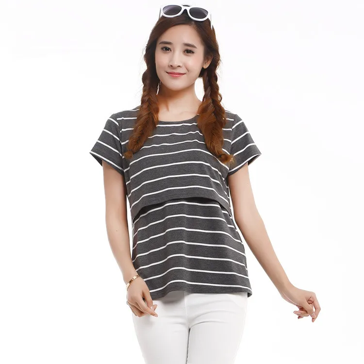 Summer Short Sleeve Striped Tee Pregnant T shirt Breastfeeding Ourdoor baby nursing T shirt Layer opening