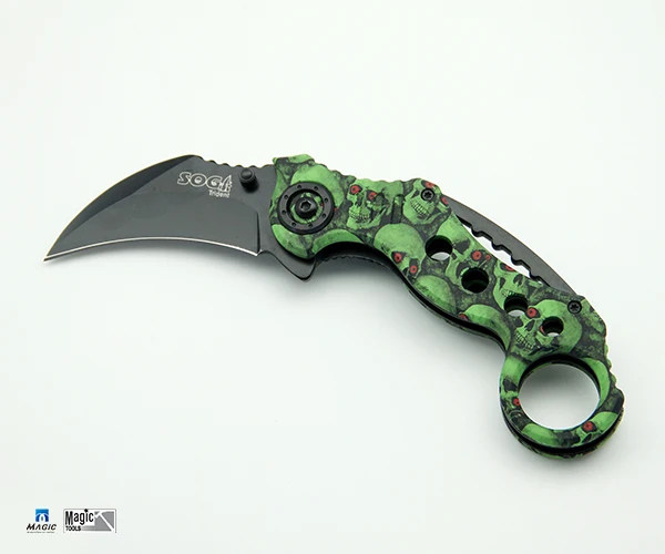 Green Skull Design Hunting Camping Bent Blade Folding Pocket Knife With Clip
