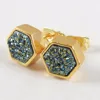 Simple Jewelry Gold Plated 925 Sterling Silver Natural Druzy Earrings, Hexagon Druzy Stud Earrings