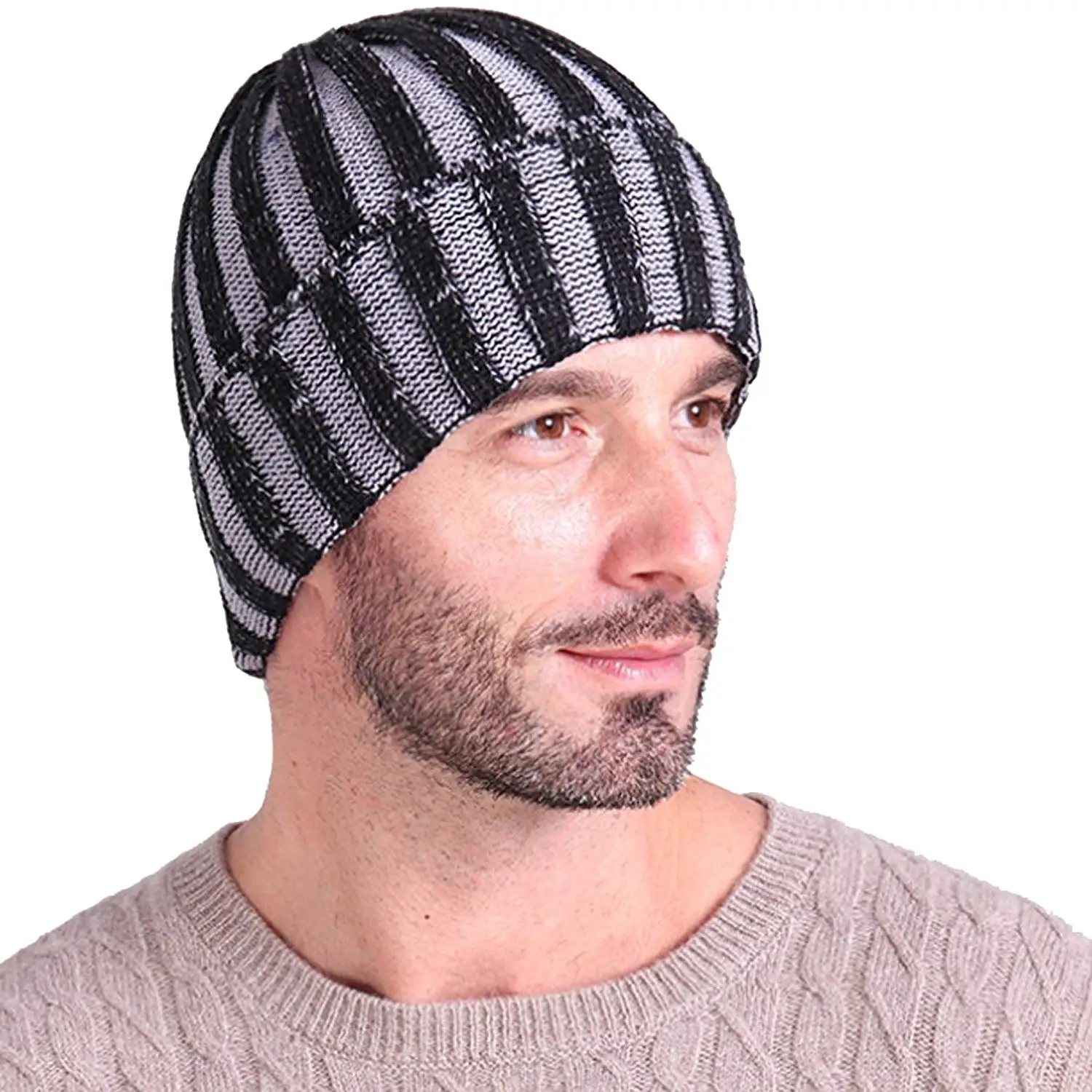 KUYOU Mens Winter Mixed Color Stripes Knitted Hat Ski Skull Cap